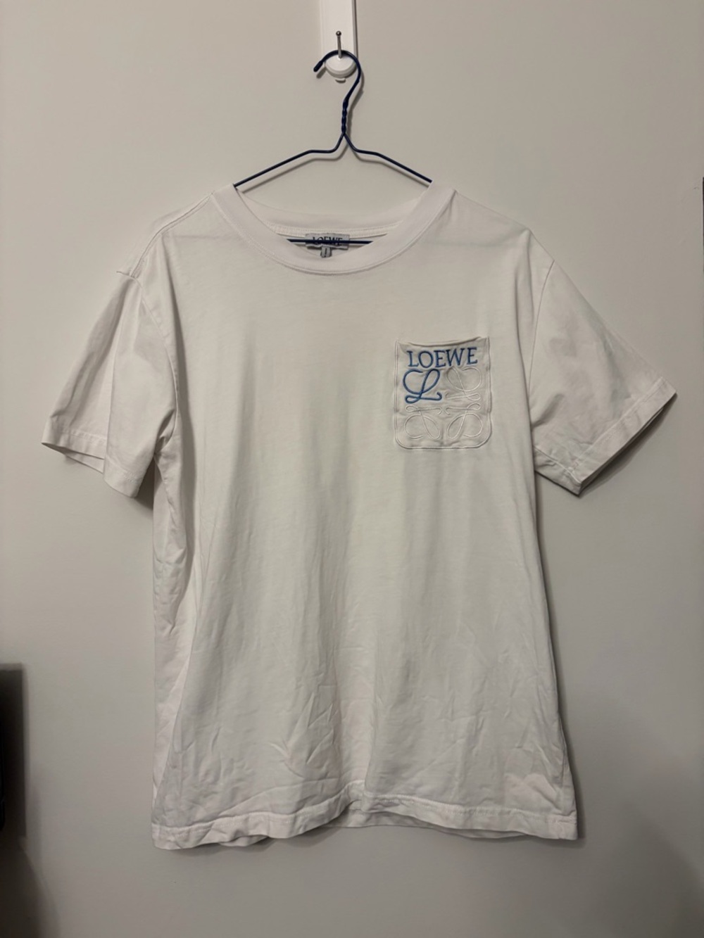 Loewe White Cotton Pocket Tee with Blue Logo